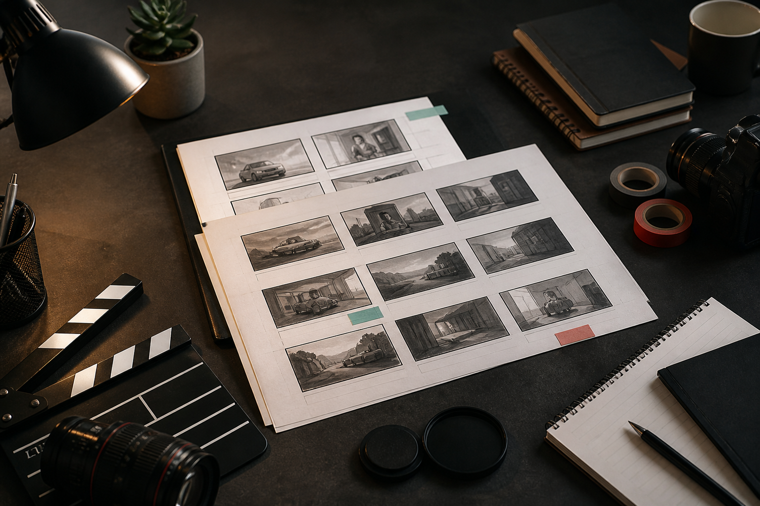 Storyboard-Seiten und Filmproduktionswerkzeuge auf einem Schreibtisch